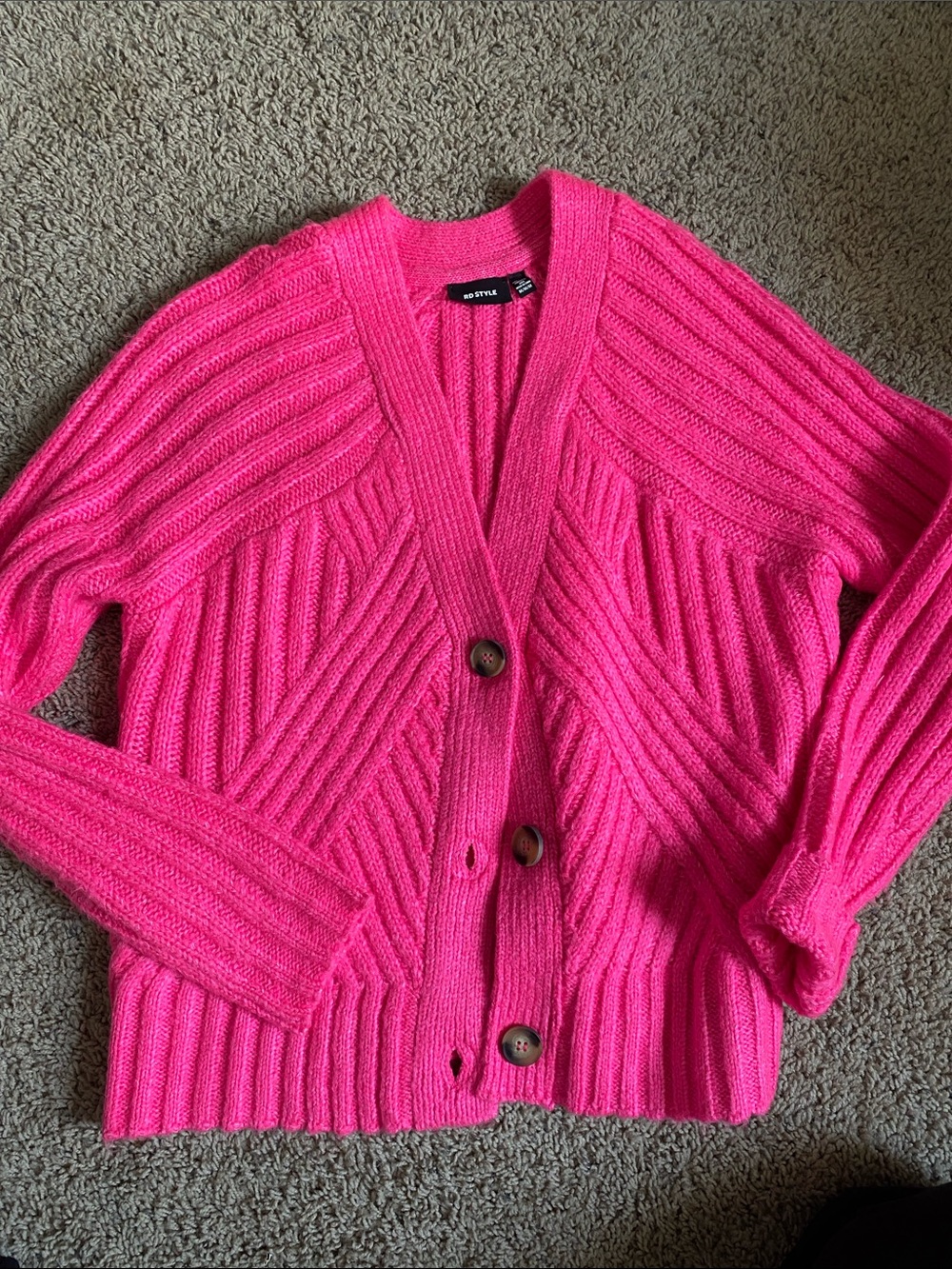 RD Style Hot Pink Ribbed Button Cardigan